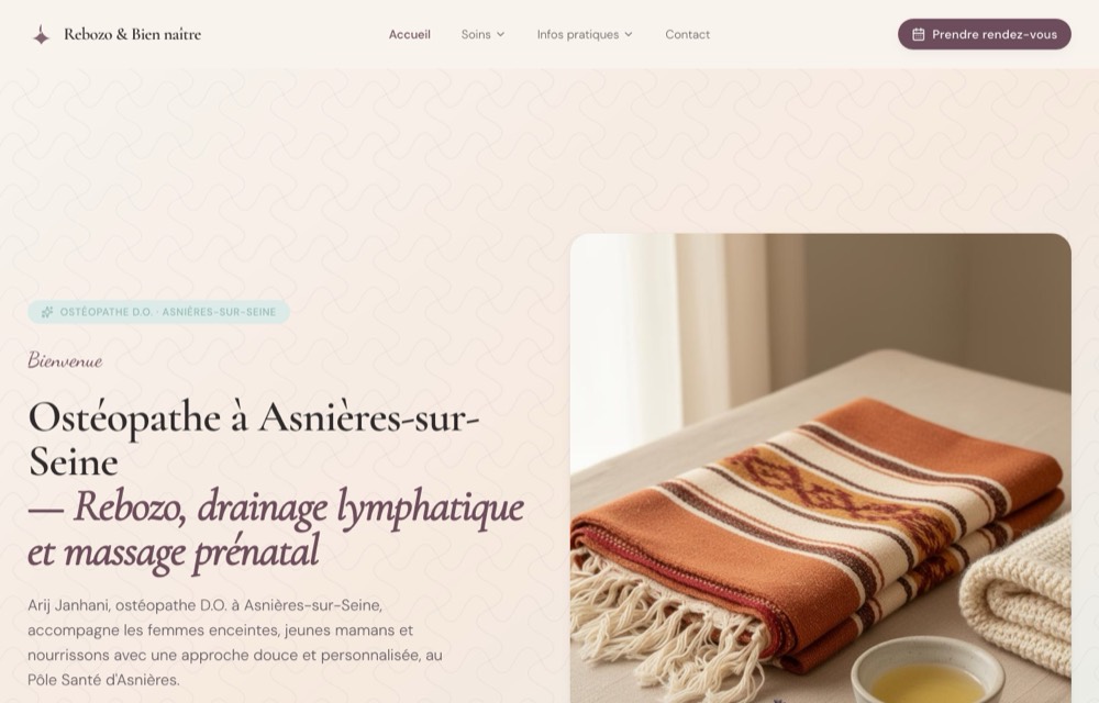 Page d'accueil d'un cabinet d'ostéopathie construite par CrawlReady